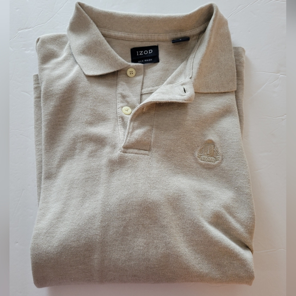 Men's Izod short-sleeved polo in light beige/sand.--bundle for savings.